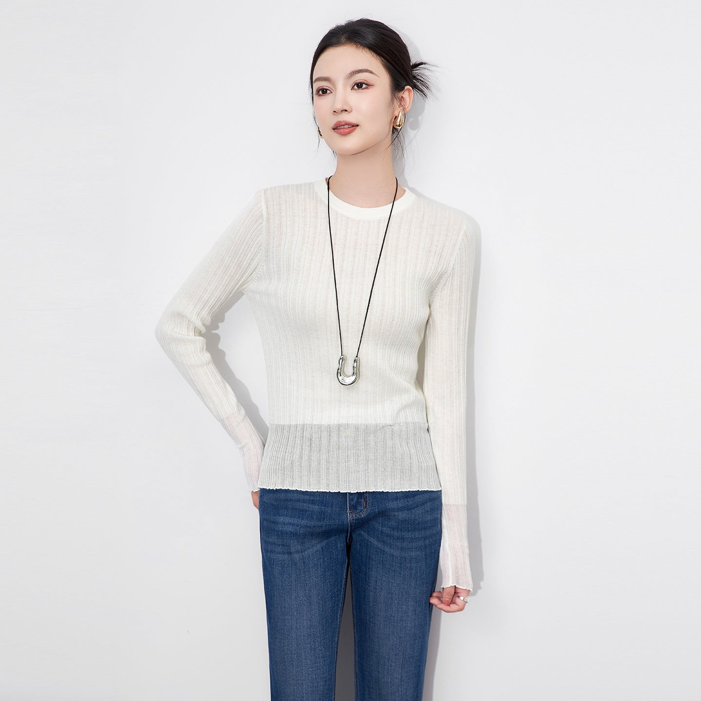 Translucent Misty Knitted Long Sleeve Base Shirt Autumn Winter Inner Wear Striped Wool Sweater French Style Elegant Commute