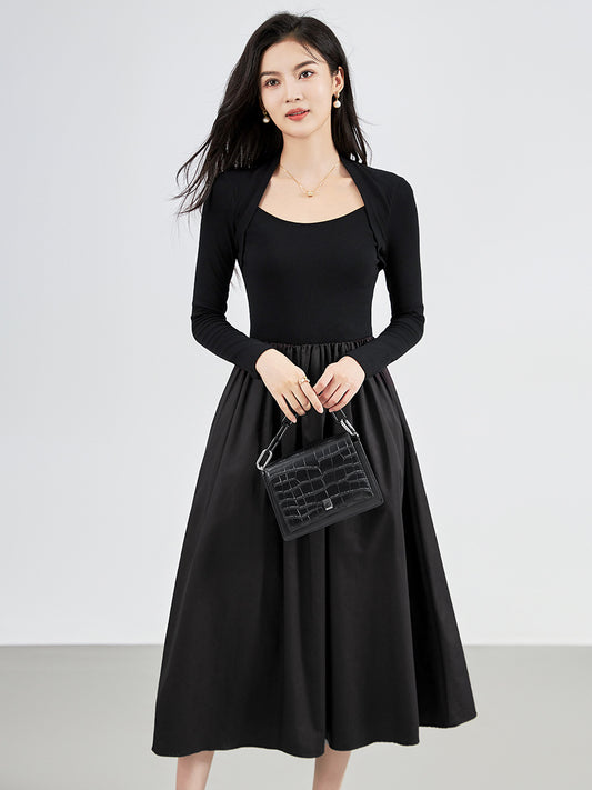 Black French Style Long Sleeve Dress Hepburn Style Korean System Early Autumn New Women's Long Skirt Elastic Waist Ankle Length