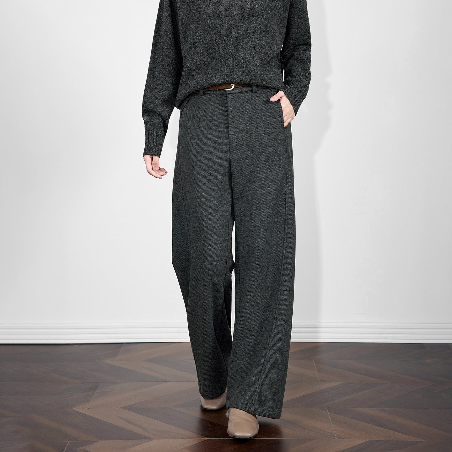 Autumn Winter Thickened Fleece Casual Cashmere Wide Leg Pants Women Slim Straight Drapey Woolen Trousers Elegant Commute Style