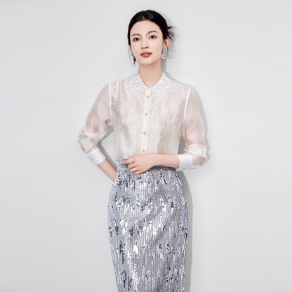 Women's Sequins Diamonds Bows Lace Shirt 2025 Spring Fashion Lapel Long Sleeves Loose Blouse