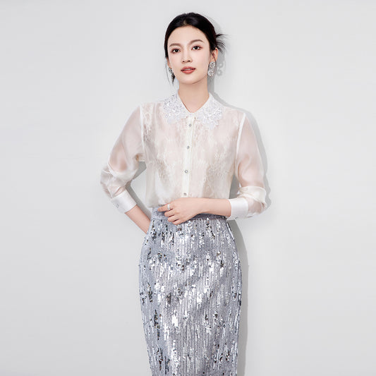 Women's Sequins Diamonds Bows Lace Shirt 2025 Spring Fashion Lapel Long Sleeves Loose Blouse