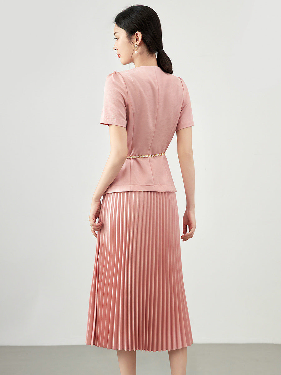 Pleated Skirt Set Women Two Piece Sets Dress Sets Short Sleeve Tops A Line Long Skirts High Waist Streetwear Elegant Work
