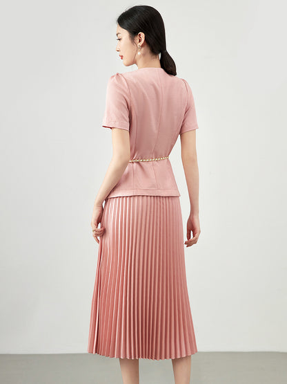Pleated Skirt Set Women Two Piece Sets Dress Sets Short Sleeve Tops A Line Long Skirts High Waist Streetwear Elegant Work