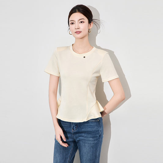 Cotton Half Sleeve T-Shirt White Summer New Korean Style Shoulder Level Irregular Hem Short Length Trendy Women's Top