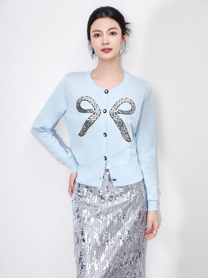 Vintage Style Knit Cardigan Top for Women Autumn New Heavy Beaded Sequin Bow Design Sweater Jacket Elegant Chic Outerwea