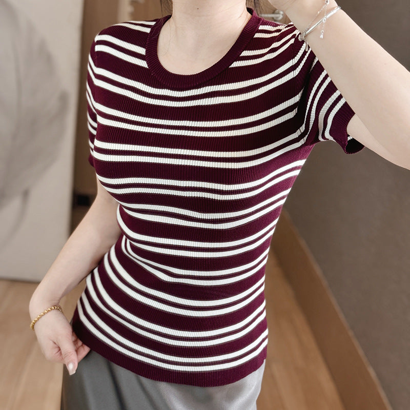 Elegant Fashion Harajuku Slim Fit Female Clothes Loose Casual All Match Knitwear Stripe O Neck Insert Short Sleeve T-shirts