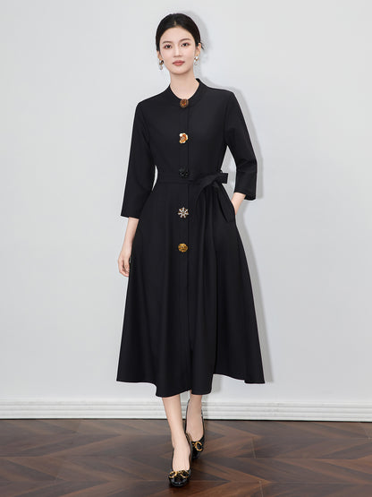 Women's Autumn/Winter Solid Dress Round Neck 3/4 Sleeve Button Waist A-line Elegant Dresses for Women