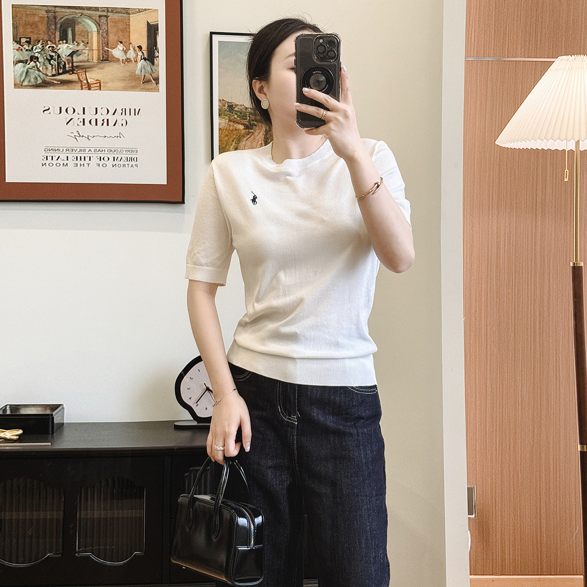 New Fashion Casual Round Neck Embroidered Short Sleeve T-Shirt Base Shirt Women Inner Wear Simple Match All Shoulder