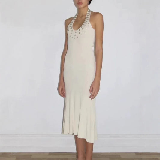 Wool Spanish Irregular Pearl Mother of Pearl Sequin Knitted Long Dress Slim Fit Dress for Women in Summer