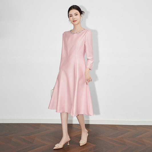 Women Heavy Crystal Embellished Glossy A-Line Swing Dress Elegant Formal Gown With Sparkle Details