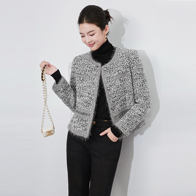 Luxurious Shiny Thread Woven Short Coat Women's Round Neck Top Elegant Bouclé Fabric Medium Thickness Long Sleeve Fashionable