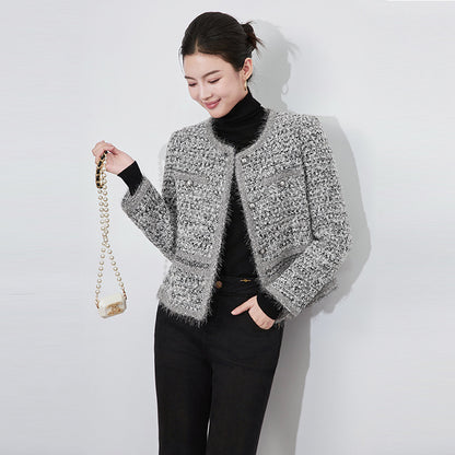 Luxurious Shiny Thread Woven Short Coat Women's Round Neck Top Elegant Bouclé Fabric Medium Thickness Long Sleeve Fashionable