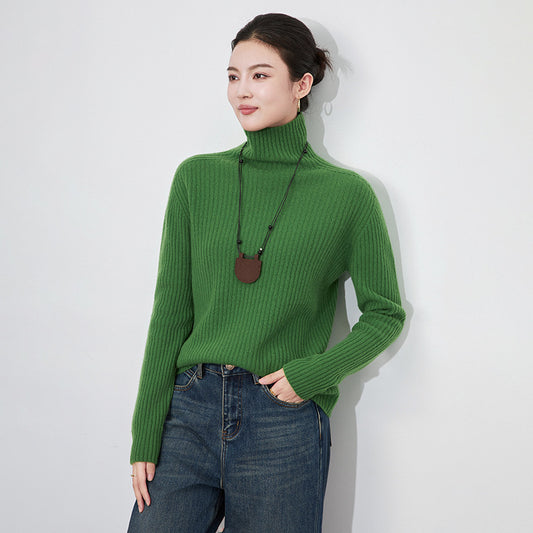 Autumn Winter New Style Women's Knitted Sweater Pure Wool Seamless Seven Needle Thickened High Collar Tassel Stripe Design