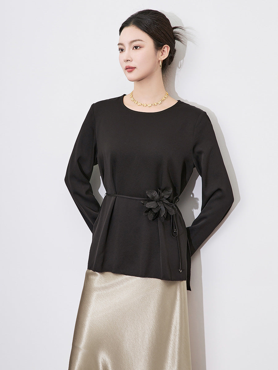 Ruched Long Sve White T-irt Women's Autumn Winter Wool Sequin Faionable Straight Cut Commute Quali