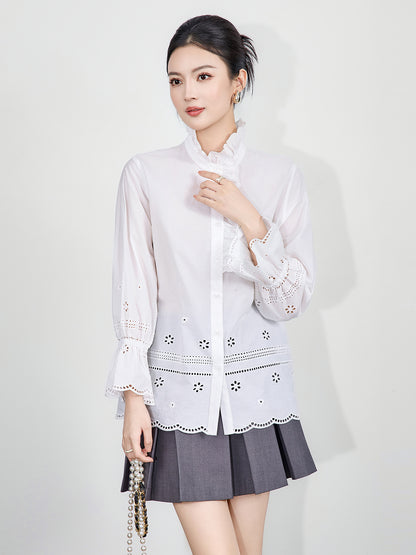 High Quality Original Design Women's Shirt Floral Embroidery Turn-down Collar Splicing Peony Pattern Full Sleeve Slim Fit