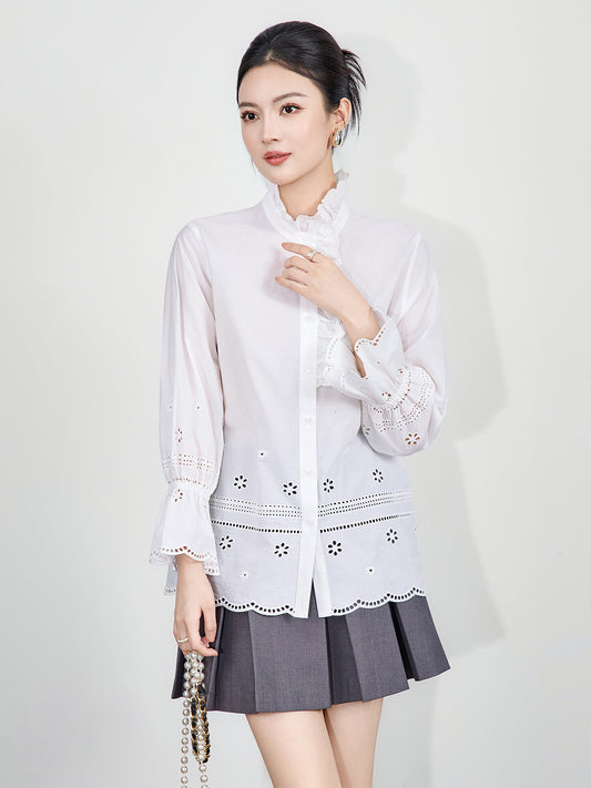 High Quality Original Design Women's Shirt Floral Embroidery Turn-down Collar Splicing Peony Pattern Full Sleeve Slim Fit