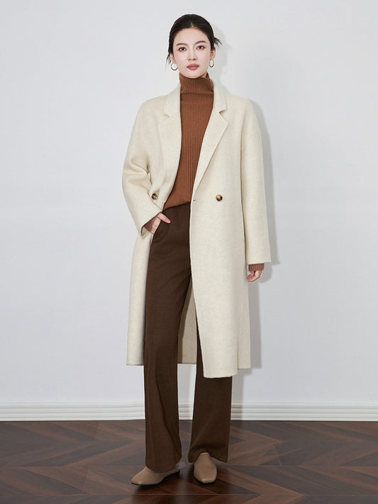 Autumn Women Drouble Breasted 100% Wool Woolen Coat Turn Down Collar Cashmere Winter Clothes Long Coats Tops New