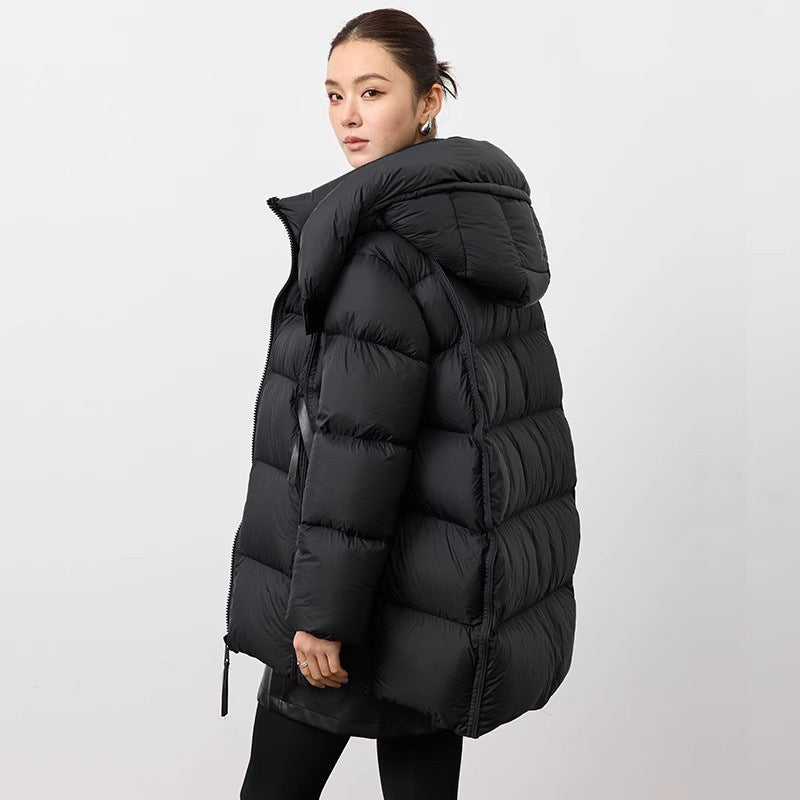 90 White Goose Down Winter New Hooded Loose Cocoon Cloud Puff Down Jacket Women Mid-Length Slimming Thickened Coat