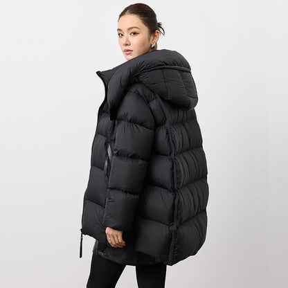 90 White Goose Down Winter New Hooded Loose Cocoon Cloud Puff Down Jacket Women Mid-Length Slimming Thickened Coat