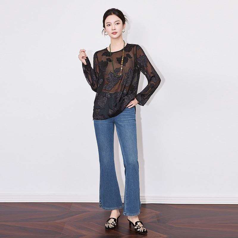 Silk Printed Irt Women's Loose Fit Vintage Sle Long Sve Pattern High End Feeling Spring New Chinese Sle