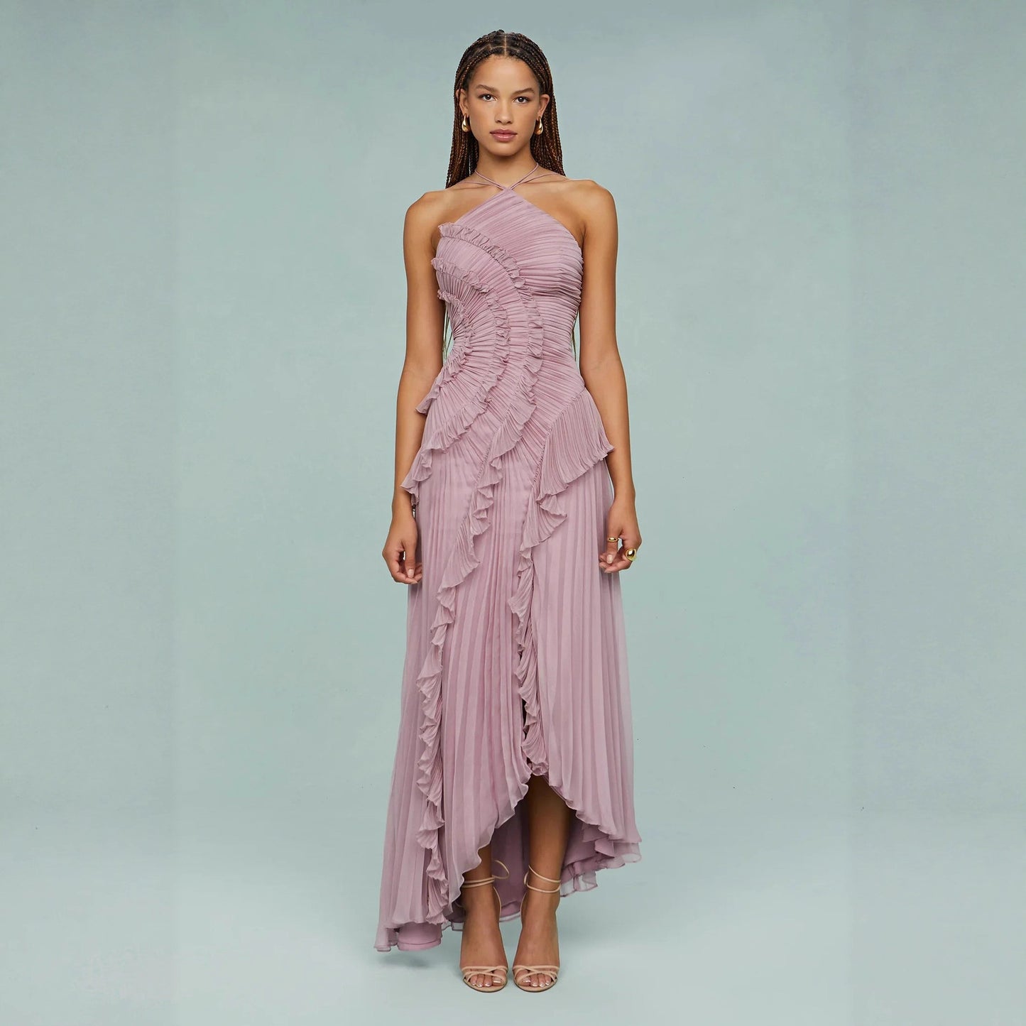 Elegant Purple Halter A Line Prom Gowns Ruffles Tiered Backless Party Gown Summer Vacation Chiffon Long Evening Dress