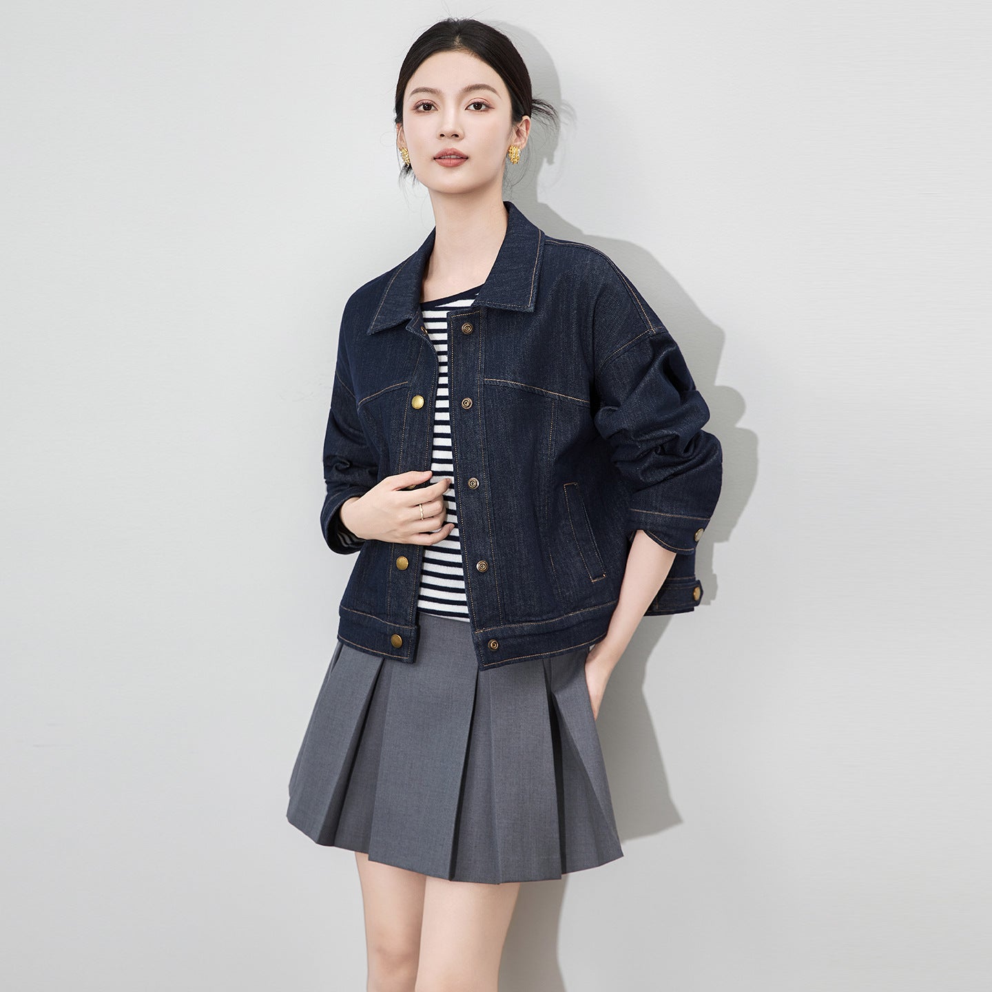 Women's Jean Jacket Fashion Loose Cuffs Plaid Sleeve Single Breasted Denim Coat