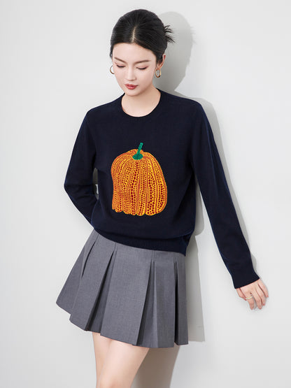 Women's Sweater Fashion Casual Pumpkin Embroidery Long Sleeve Loose Knit Tops Fall Winter