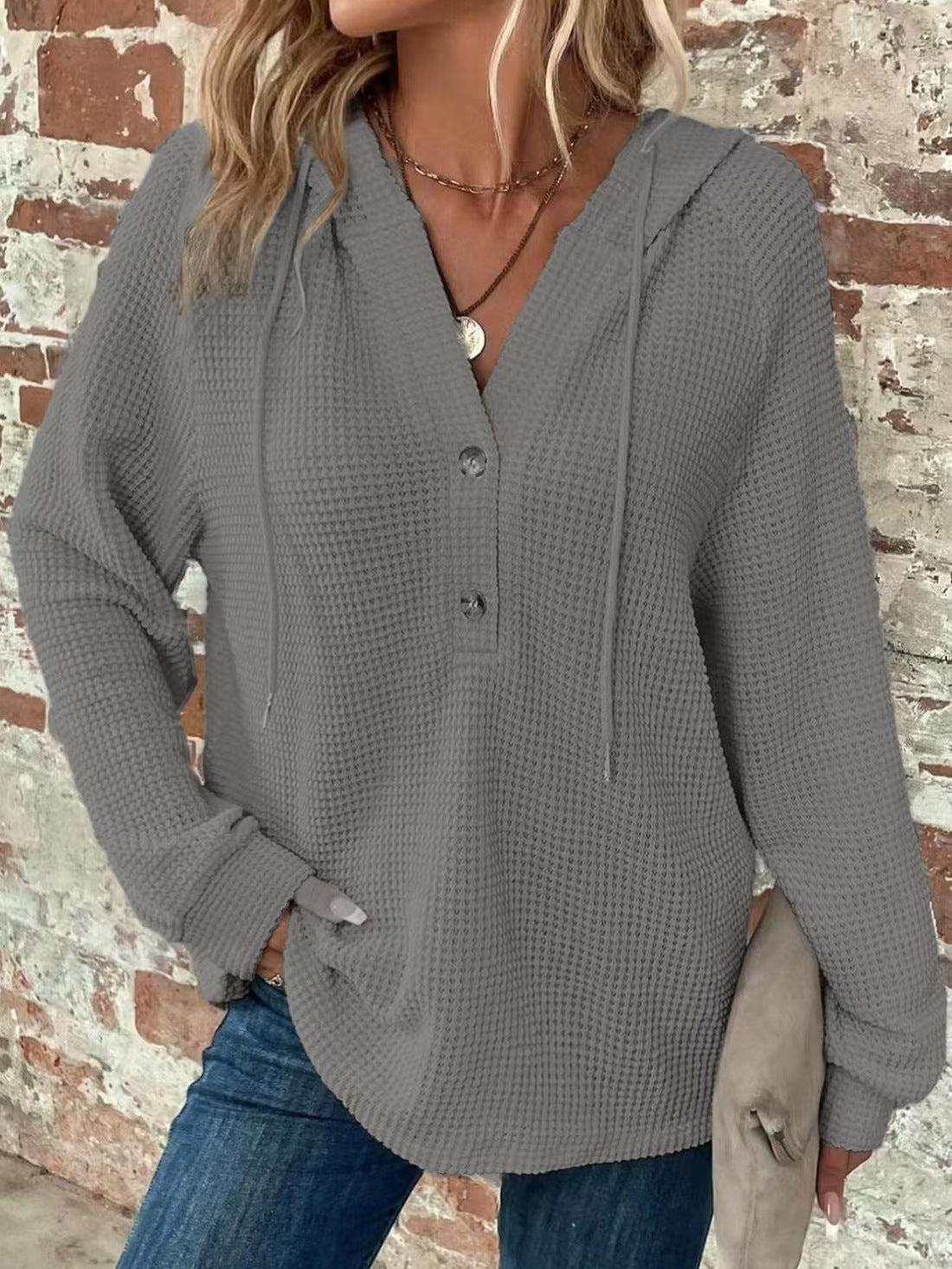 Cross-border New Women's Hoodie Knitted Drawstring Buttons V-neck Long Sleeve Pullover Casual Sports Sweatshirt