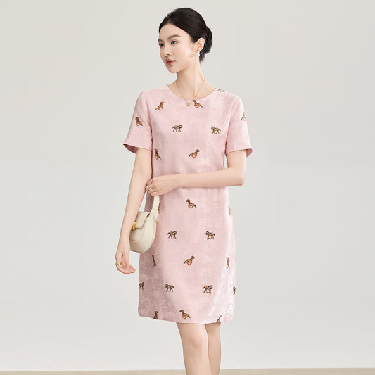 Elegant French Style Butterfly Embroidery Silk A- Line Dress Women's Midi Skirt Slimming Effect round Neck Short Sleeve Dress