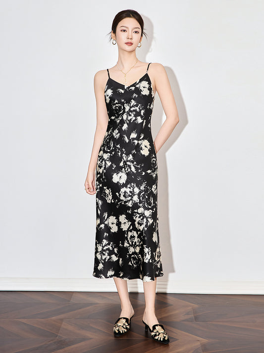 Elegant V-Neck Printed Floral Vintage Slip Dress Female Clothing  Summer New Loose Office Lady Sleeveless Dresses