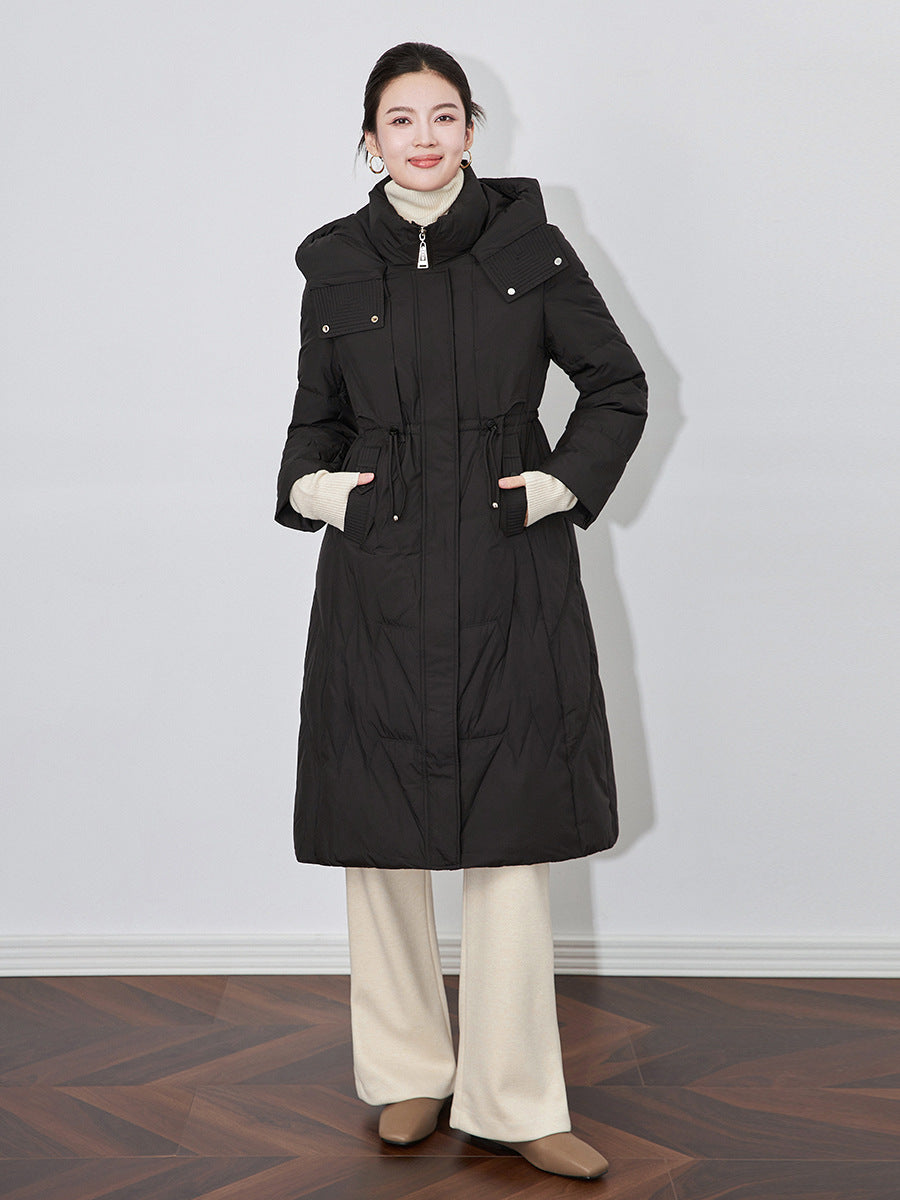 Women White Duck Down Long Jacket Casual Slim Autumn Winter Outwear with Hood Warm Thick Coat