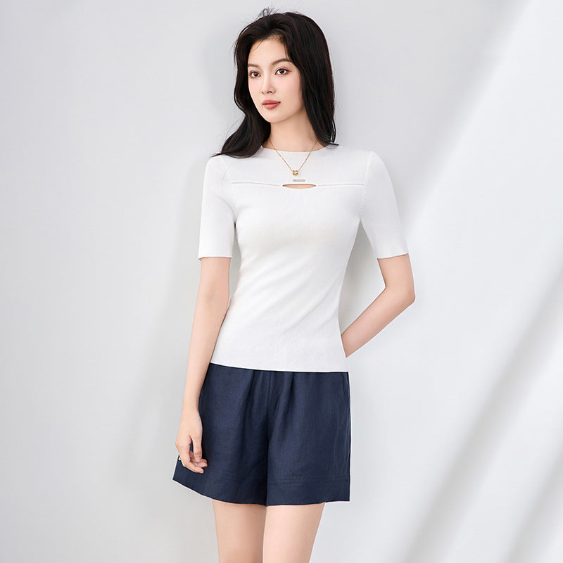 Ice Sensation Hollow Out Design Slim Fit Short Sleeve Knitted Top Round Neck T-Shirt Basic Style Regular Sleeve Length