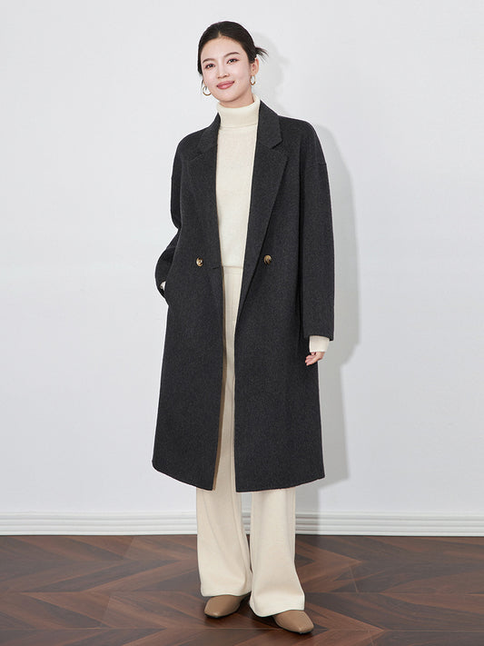 Autumn Women Drouble Breasted 100% Wool Woolen Coat Turn Down Collar Cashmere Winter Clothes Long Coats Tops New