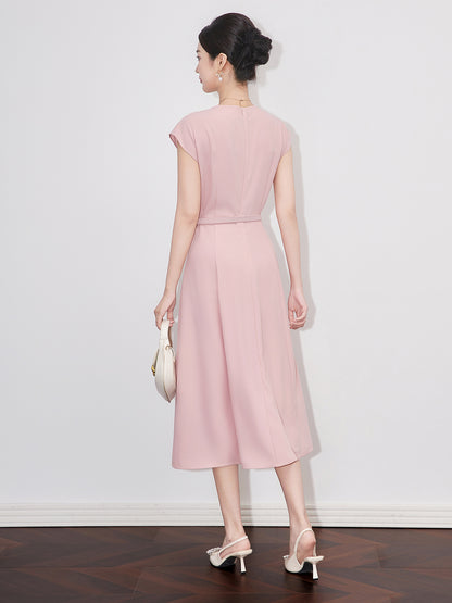 Elegant Fashion Commuter Pink Dress Crew Neck Sleeveless High Waist Belt Slim A-line Temperament Long Dress Women Summer