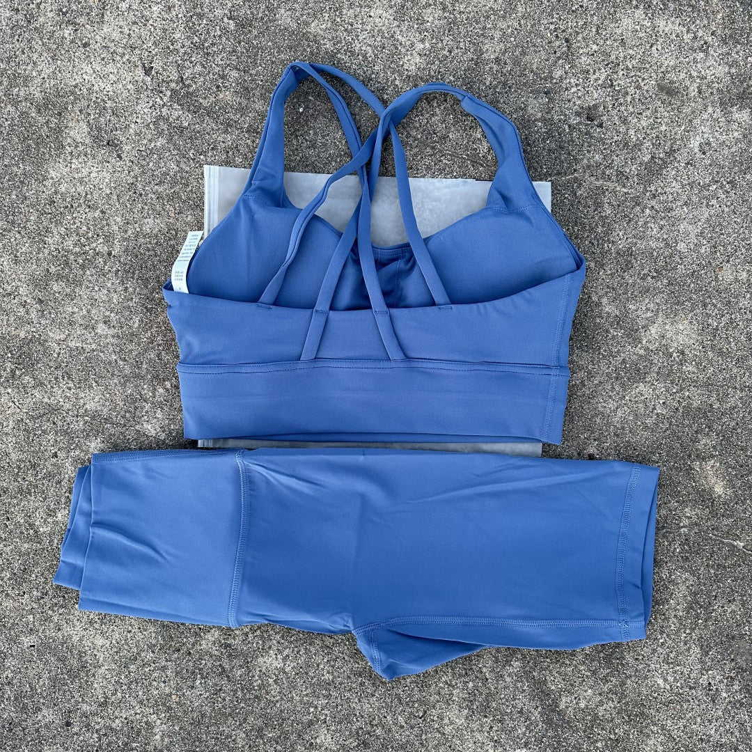 Solid Color Gym Cycling shorts Yoga Set Short Legging +Cross Back strap Sport Bra Athletic Women Suit Comprehensive Training Jog