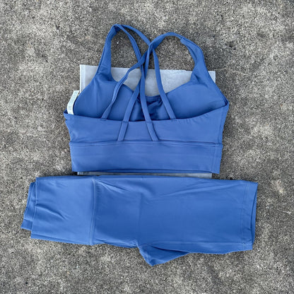 Solid Color Gym Cycling shorts Yoga Set Short Legging +Cross Back strap Sport Bra Athletic Women Suit Comprehensive Training Jog