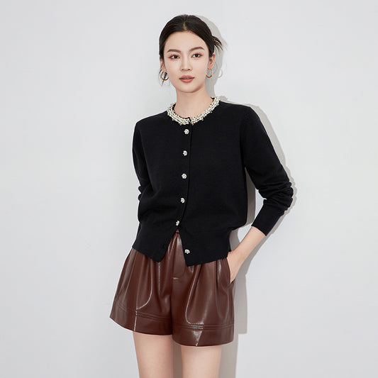 Sweet Gray French-Style Beaded Cropped Cardigan Knit Sweater Coat for Women