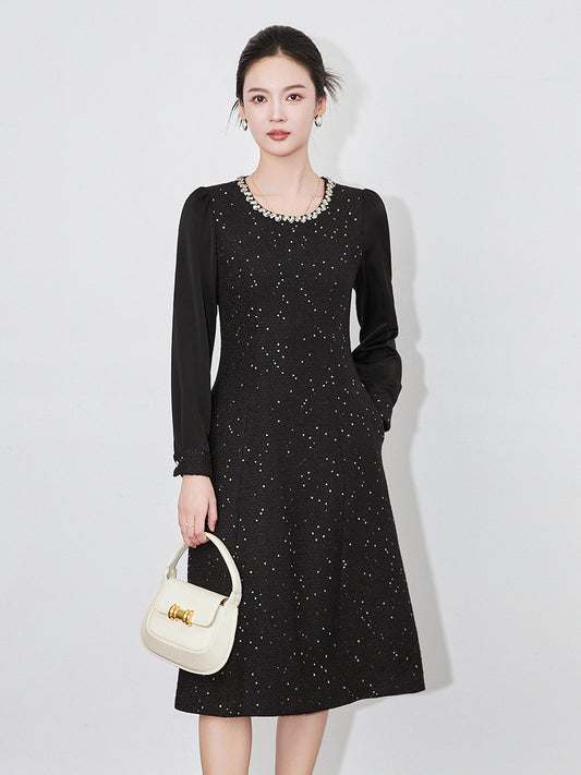 Chunky Tweed Elegant Mini Dress Designer Style Slim Fit Rhinestone Detail Long Sleeve Fall Winter Women Fashion Female Clothing