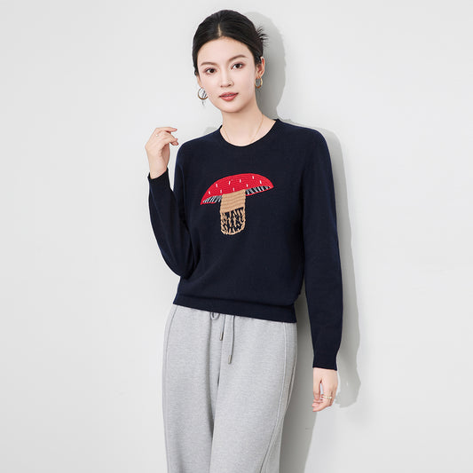 Sweater Top with 3D Embroidered Mushroom Design Versatile Knitwear for All Seasons