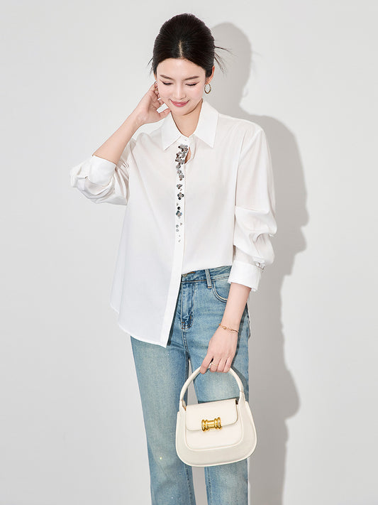 Elegant Pure Color Long Sleeve Silk Shirt Women's Design Sensation Spring New Style High End Mulberry Silk Shirt Vintage Atmosph