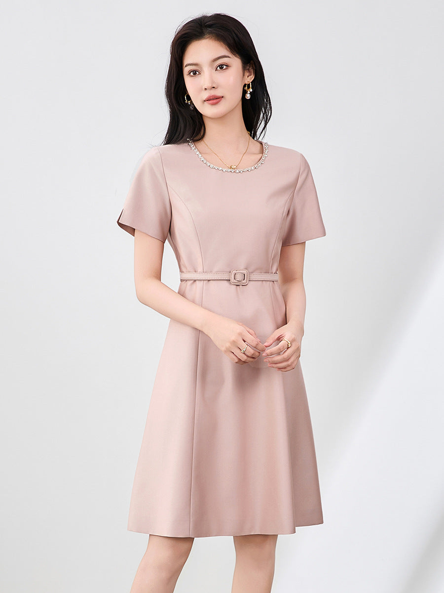 Elegant Diamond Embedded Women's Dress with Waist-Cinching Detailing Heavy Embroidery Spring Summer New Fashion
