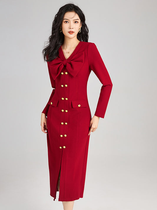 Women's Elegant Fashion Formal Dresses Professional Long Sleeve Single Breasted Slim Robe Female Business Work Style Vestidos