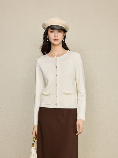 High Quality Summer and Autumn New Fashion Pearl Rivet Socialite Women's Long Sleeved Round Neck Knitted Top Cardigan Set