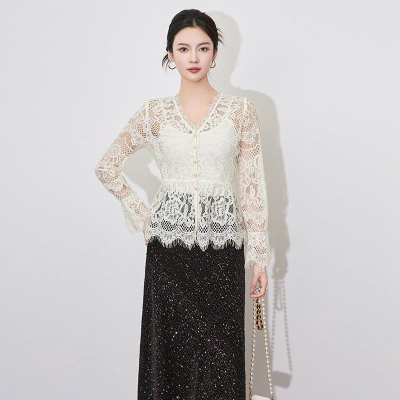 Spring Elegant Hollow Lace Shirt Fashionable Pullover Shirt V-neck Long Sleeve Hooded Women's Shirt