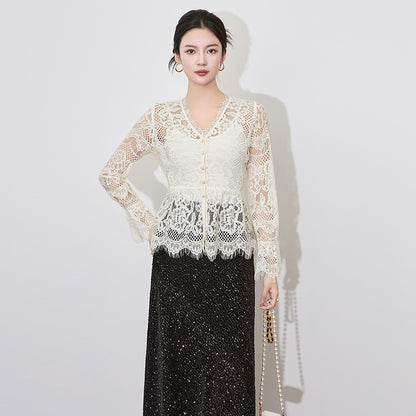 Spring Elegant Hollow Lace Shirt Fashionable Pullover Shirt V-neck Long Sleeve Hooded Women's Shirt