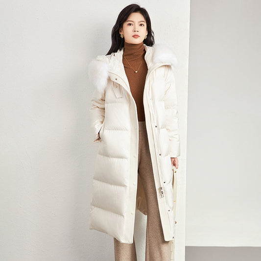 New Real Raccoon Fox Fur Collar Hooded Natural Long Winter Jacket Women 90 White Duck Down Coat Thick Warm Casual Outerwear