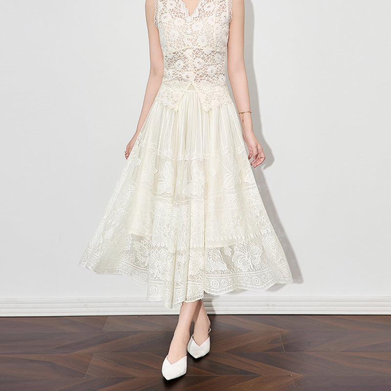 Elegant Butterfly Embroidery Lace Net Half Skirt Umbrella Hemline Women's New Style Polyester Fabric Midi Skirt Vintage Artis...