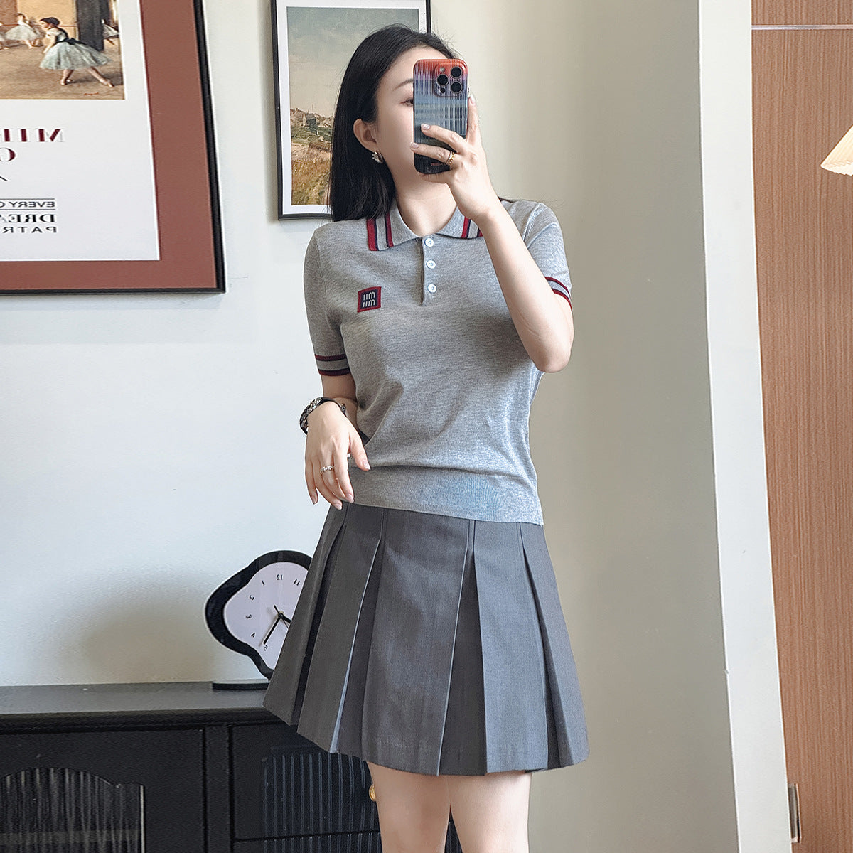 Summer New Loose Fit Short Sleeve Polo Neck Knitted Shirt Thin Style Color Block Women's Base Layer Top Bamboo Rayon Material