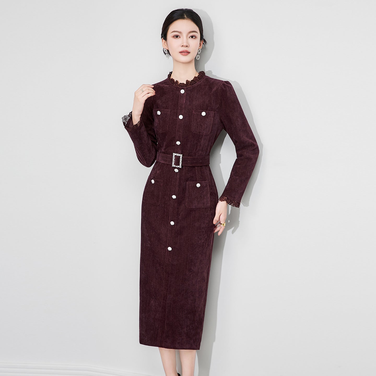 Women Lace Spliced Velvet Dress Black Diamond Embellishments Belt Short Sleeved Lady Single Breasted Midi Robe