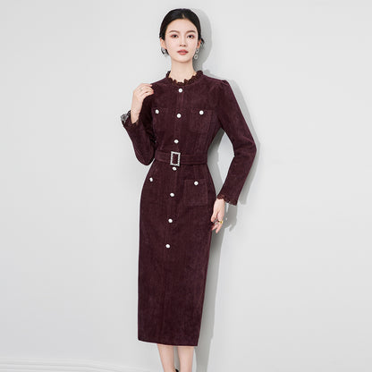 Women Lace Spliced Velvet Dress Black Diamond Embellishments Belt Short Sleeved Lady Single Breasted Midi Robe